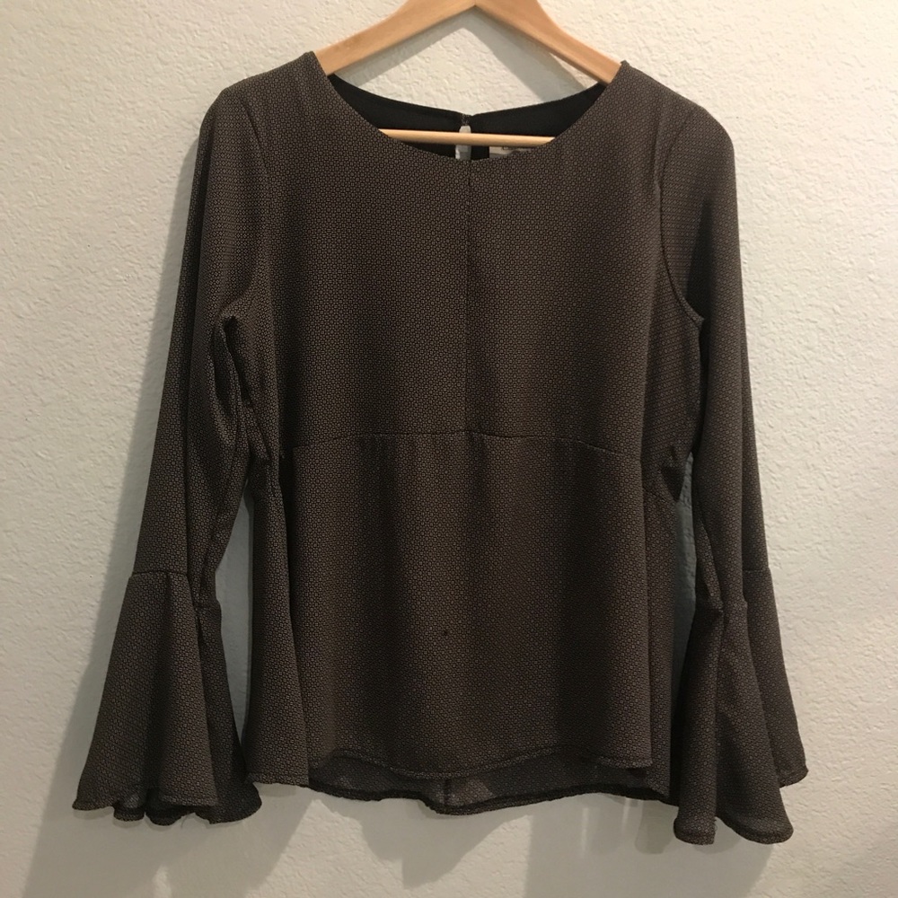 Adele Altman Olive Geometric Flair Sleeve Blouse